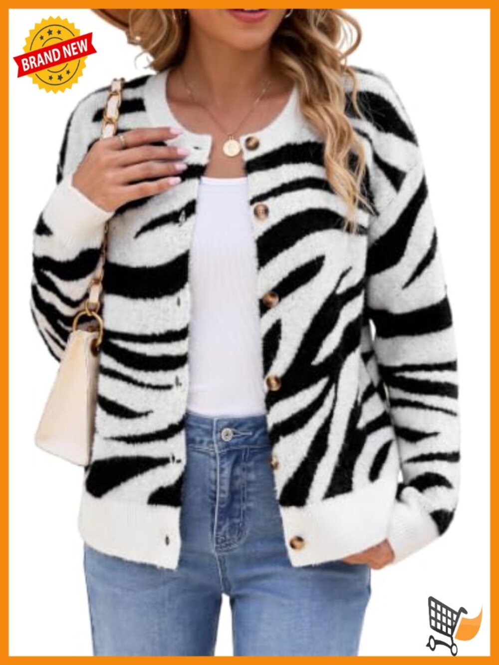 Women's Long Sleeve Crewneck Animal Print Button Cardigan Sweater